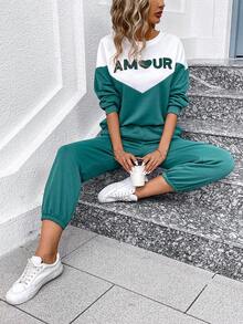 SHEIN LUNE Women's Color Block Letter Printed Drop Shoulder Sweatshirt And Sweatpants Set - Multicolor - View 4