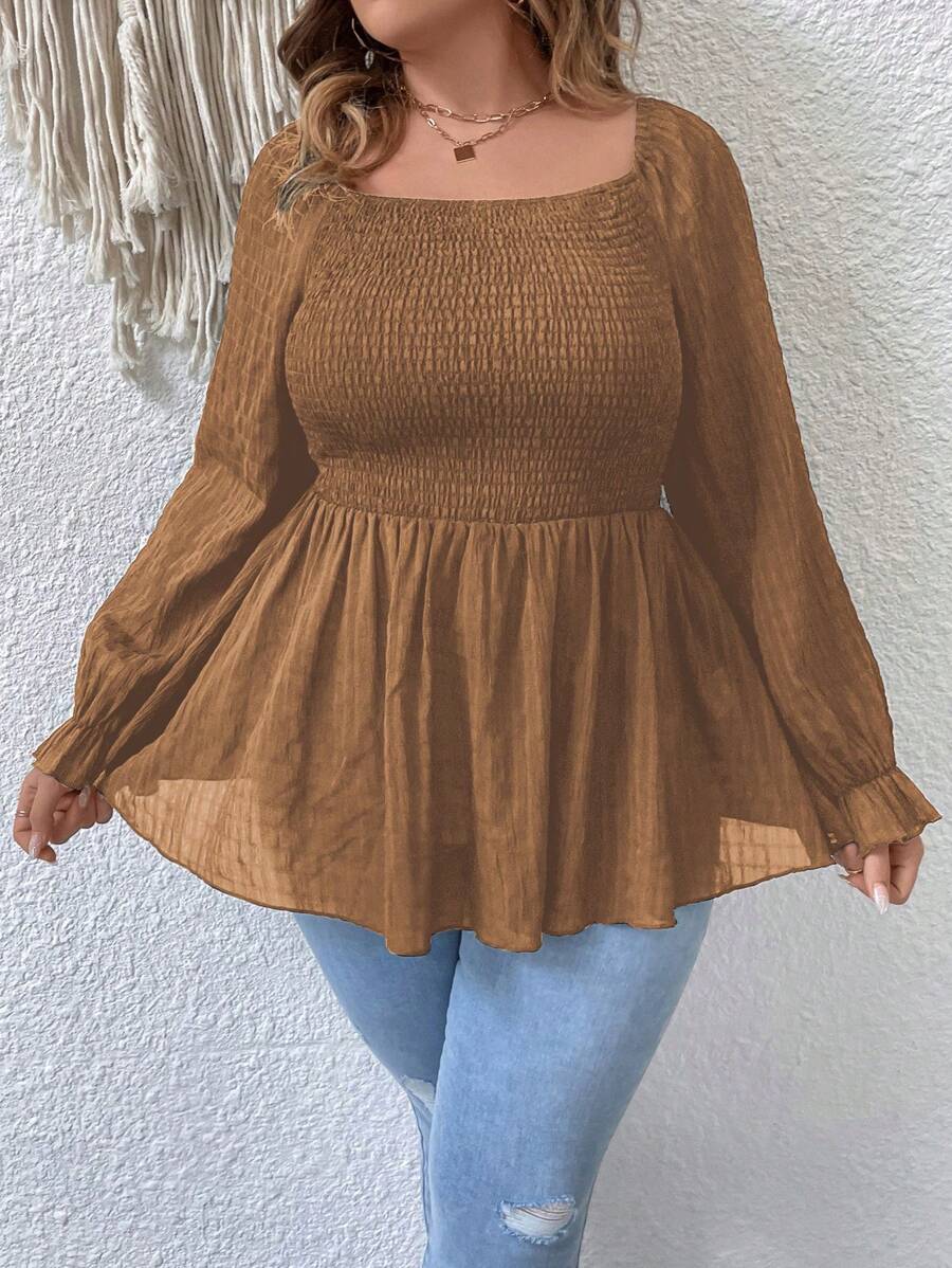 SHEIN LUNE Hơn Cổ vuông tay áo lá sen Áo sơ mi Peplum - Màu Khaki - Xem 1