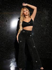 SHEIN SXY Long lanh Cắt chóp Cami & Quần ống loe - màu đen - Xem 3