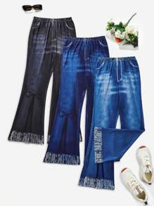 Teen Girls' 3pcs/Set Denim Effect Long Pants - Multicolor - View 1