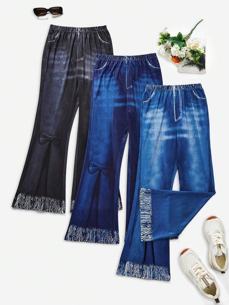 Teen Girls' 3pcs/Set Denim Effect Long Pants - Multicolor - View 1
