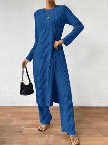 SHEIN LUNE Bộ quần áo thun tay ngắn dệt kim có gân thiết kế xẻ tà - Màu xanh lam - Xem 3