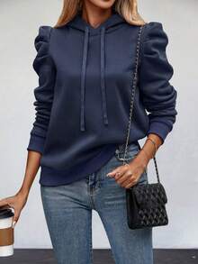 SHEIN Privé Ladies' Drawstring Bubble Sleeve Sweatshirt - Navy Blue - View 5