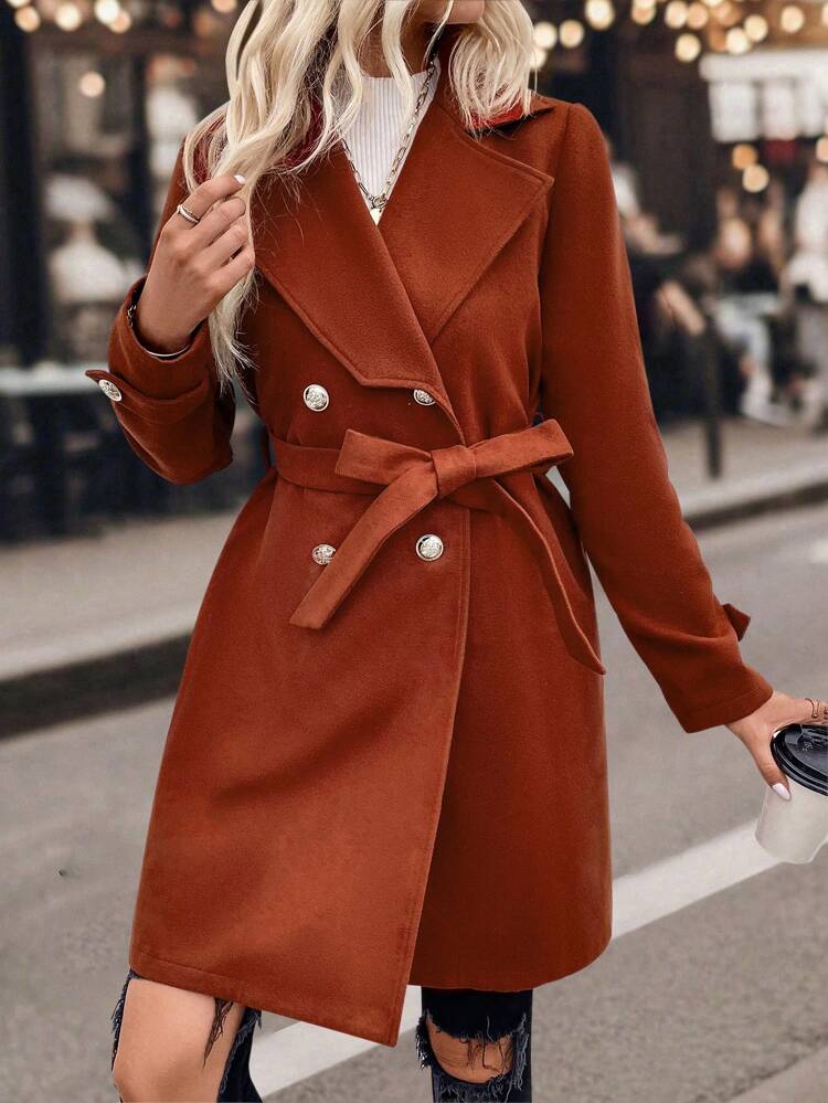 Double-Breasted Belted Woolen Coat Fall Cloth For Women