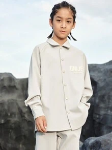 Boys' Loose Standing Collar Shirt & Pants Set, Autumn Collection - Light Grey - View 3