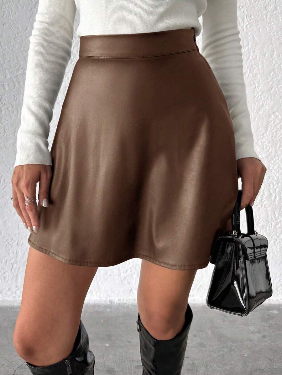 EURMUSE 女款純色裙子 - 棕色 - 查看 1