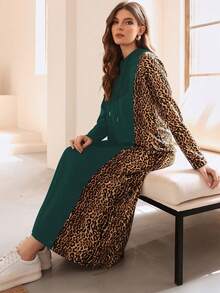 Mulvari 女士綠色豹紋印花和束腰設計的連帽長袖裙 - 綠色 - 查看 7