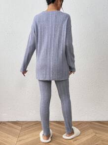 SHEIN Frenchy 女款下垂肩針織上衣和褲子套裝 - 霧霾藍 - 查看 2