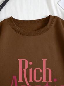 SHEIN LUNE 標語印花圓領套頭衛衣 - 咖啡棕 - 查看 3