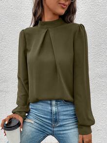 SHEIN Clasi 立領純色燈籠袖襯衫 - 軍綠色 - 查看 4