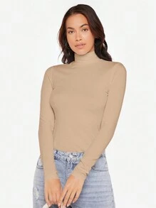 SHEIN BASICS High Neck Solid Tee - Beige - View 1