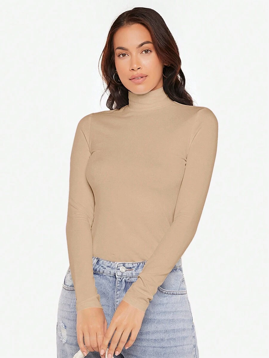 SHEIN BASICS High Neck Solid Tee - Beige - View 1