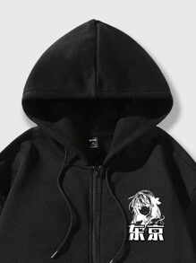 ROMWE MEN Anime 男士字母及人物印花連帽衫 - 黑色 - 查看 3