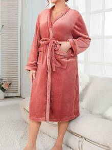 Plus Size Color Block Edging Belted Bathrobe - Coral Orange - View 3