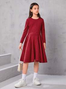 SHEIN Tween Girl Solid Ribbed Knit Flare Hem Dress - Red - View 4