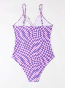 Ds25 Girls' One Piece Swimsuit With Hollow Out & Check Pattern - Pink - View 2