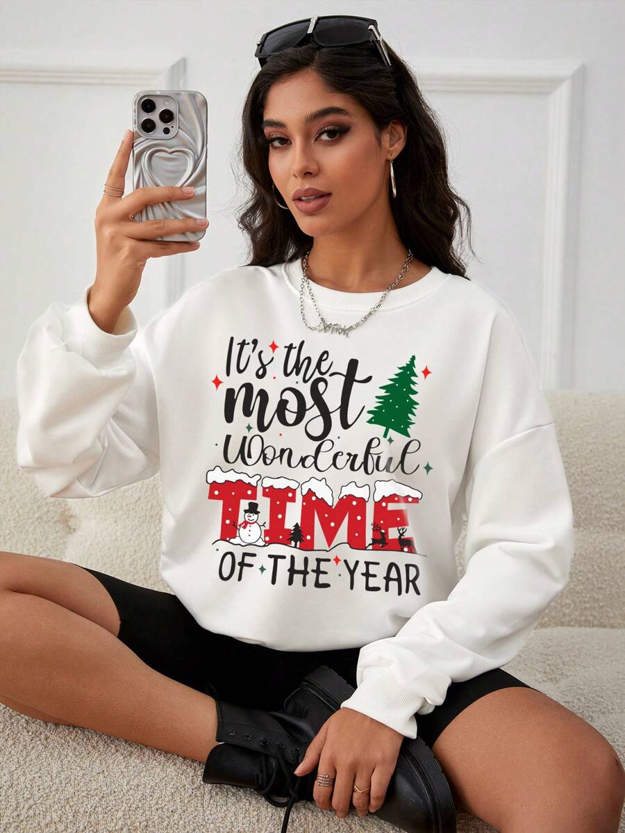Christmas Print Drop Shoulder Round Neck Sweatshirt,Long Sleeve Tops