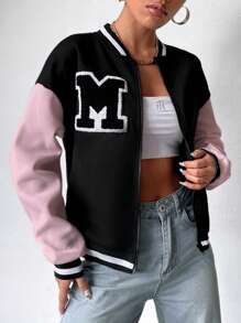 SHEIN Unity College Style Letter Applique Zipper Front Baseball Jacket Fall Winter Cloth For Women - Multicolor - View 4