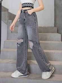 Thiếu niên Cô gái Mới Giải trí Đúng mốt Quần legging thẳng Với Đau khổ Chi tiết - Màu Xám nhạt - Xem 5