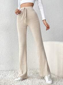SHEIN Tall Tie-waist Ribbed-knit Flared Trousers - Apricot - View 1
