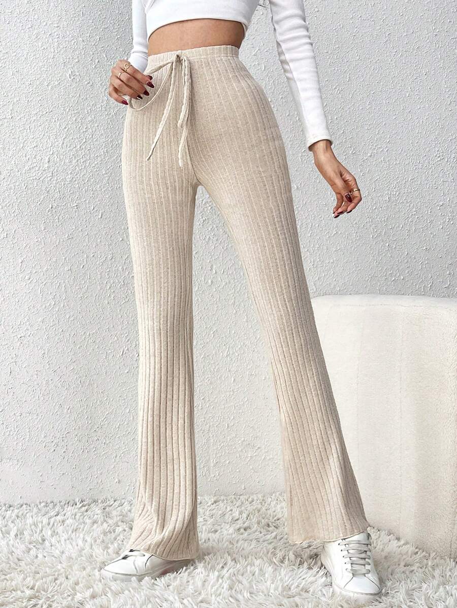 SHEIN Tall Tie-waist Ribbed-knit Flared Trousers - Apricot - View 1