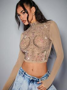 SHEIN BAE Women's Solid Color Body Perm Rhinestone Decorated See-Through Tight T-Shirt