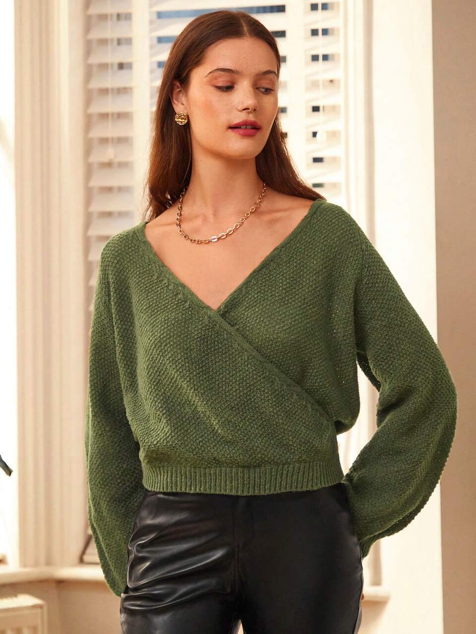 Ladies' Batwing Sleeve Wrap Sweater Winter Green Casual Christmas