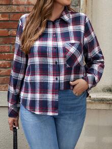 SHEIN LUNE Talla grande Camisa de cuadros con retazo con bolsillo - Multicolor - Ver 4