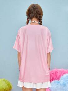 The Powerpuff Girls | ROMWE Loose Fit Cartoon Print Oversized T-Shirt - Pink - View 4