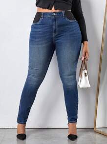 SHEIN SXY 女大尺碼撞色緊身牛仔褲 - 深色水洗藍 - 查看 3