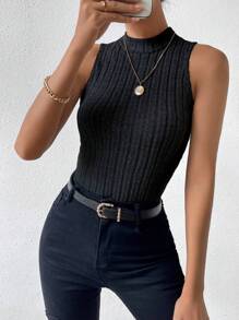 SHEIN LUNE 2pcs Mock Neck Ribbed Knit Tank Top - Light Grey - View 7