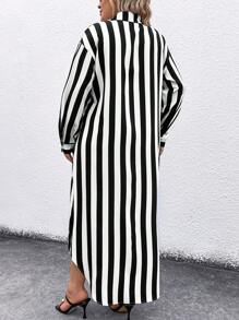 SHEIN LUNE Plus-size Striped Shirt Dress - Black and White - View 2