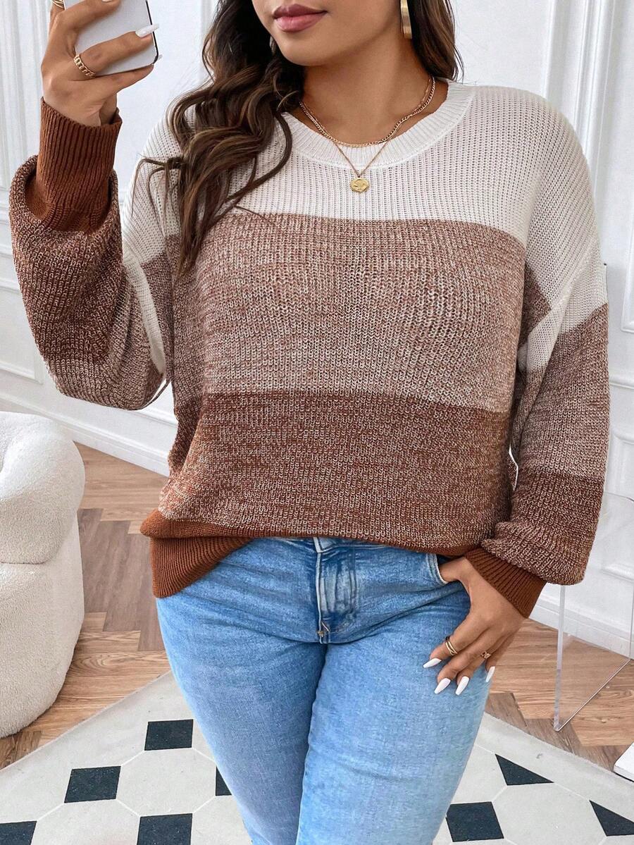SHEIN CURVE+ Hơn Khối màu Thả vai Áo len - Cà phê nâu - Xem 1