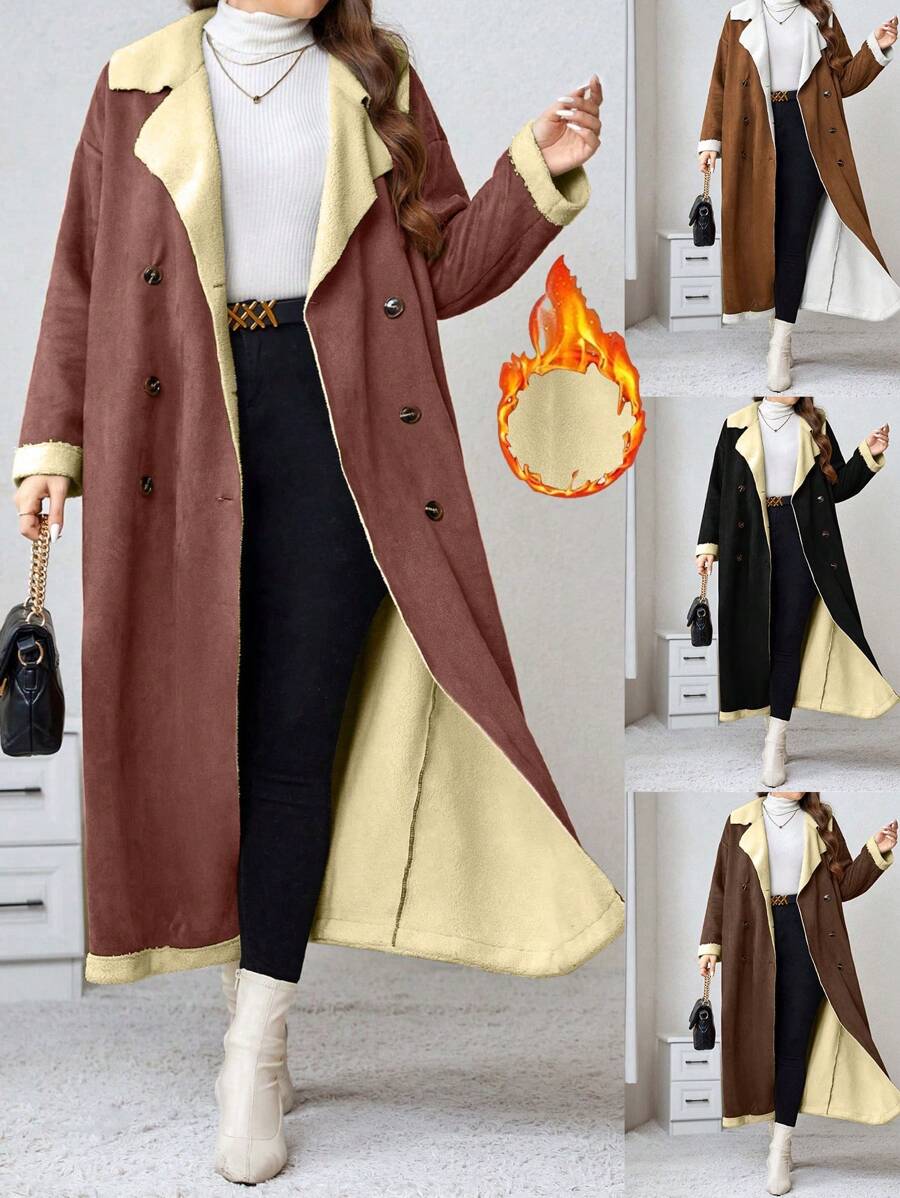 Calvaya Plus Size Double-breasted Long Coat With Velvet Lining - Brown - View 1