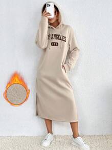 SHEIN Essnce 女款字母印花抽繩腰連帽衛衣連身裙,冬季 - 杏色 - 查看 5
