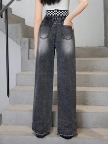 Tween Girls' Leisure Fashionable Vintage Frayed Straight Washing Jeans - Black - View 2