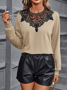 SHEIN Clasi Chèn ren Guipure Áo nỉ - Lạc đà - Xem 5