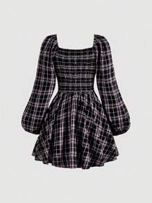 SHEIN MOD Plaid Print Bow Front Lantern Sleeve Dress - Brown - View 2