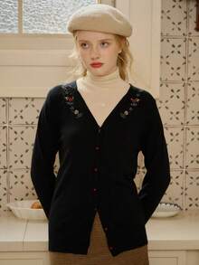 Simple Retro 粘膠平繡v領針織開衫 - 黑色 - 查看 6