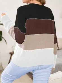 Celure 大尺碼拼色針織毛衣套頭 - 咖啡棕 - 查看 2