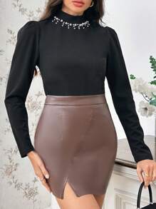 SHEIN Privé Của phụ nữ Kết cườm Đứng cổ áo Tay áo dài Áo thun - màu đen - Xem 6