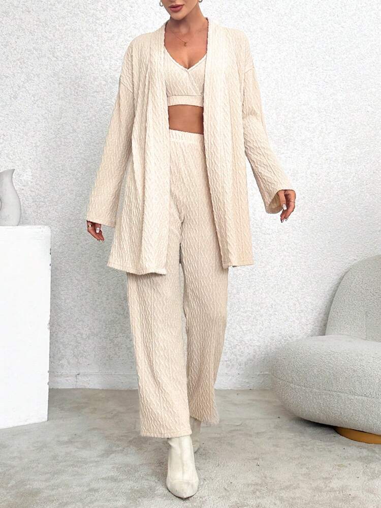 Drop Shoulder Open Front Coat & Tank Top & Pants