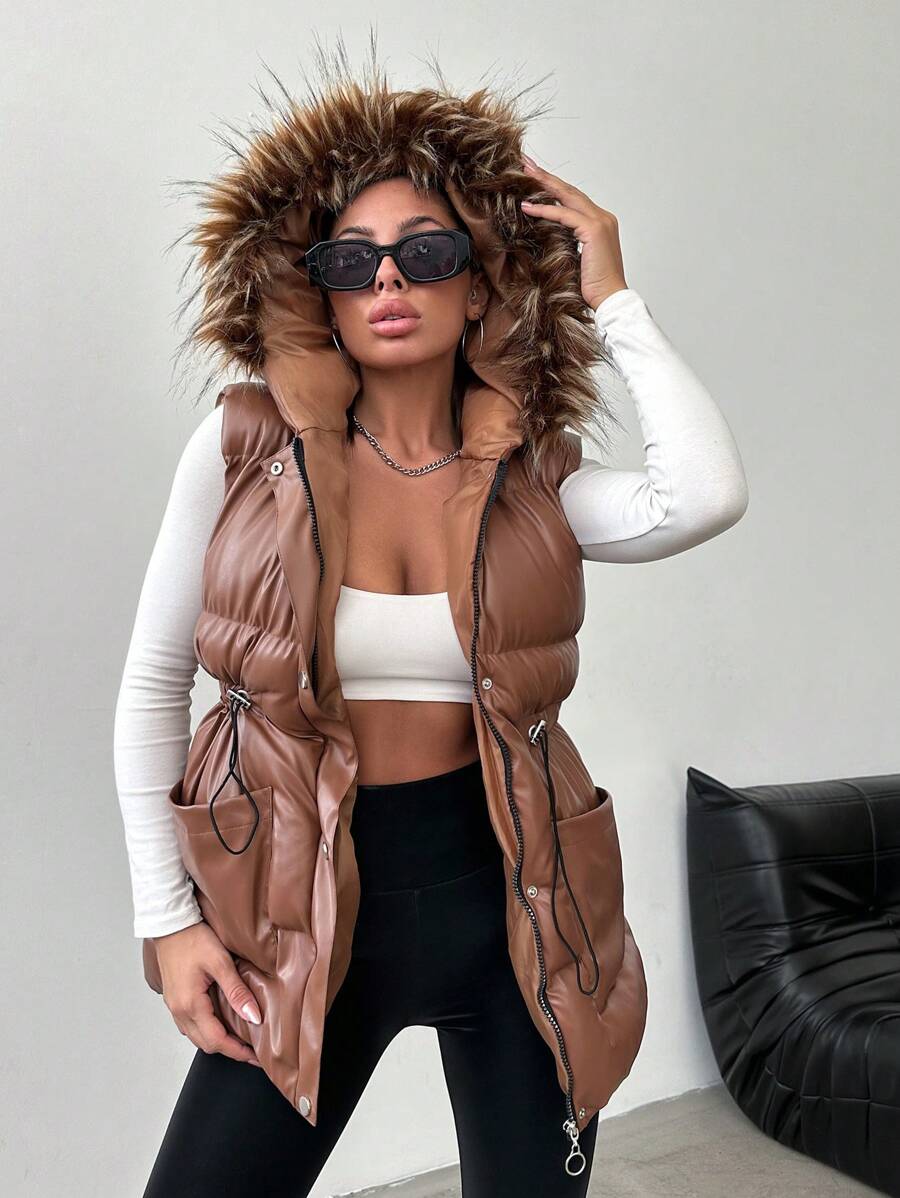 EURMUSE Women'S Hooded Vest Coat With Drawstring Waist And Collar - Coffee Brown - View 1