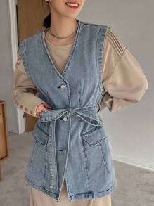 FRIFUL Women's Belted Denim Vest Jacket - Medium Wash - View 6