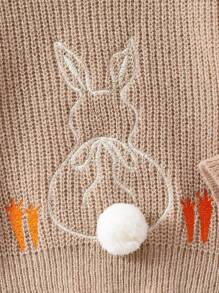 SHEIN Suéter De Hombro Caído Con Patrón De Conejo Con Detalles Pompones Para Niña Joven - Caqui - Ver 6