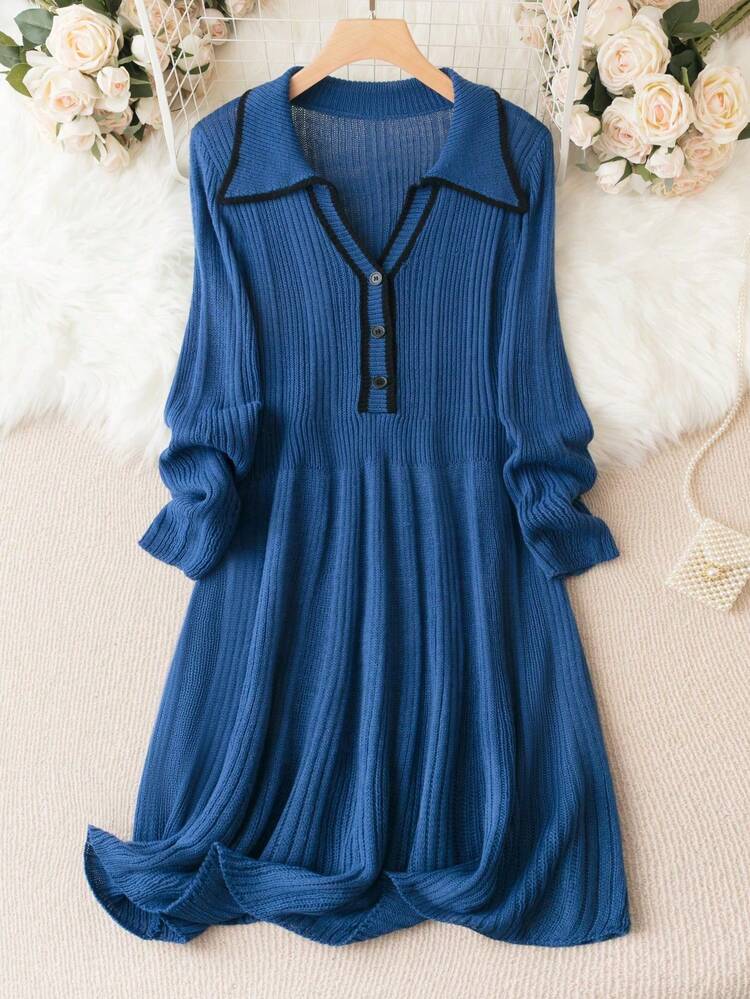 Plus Contrast Trim Sweater Dress Fall Winter Cloth For Women Autumn