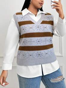 SHEIN EZwear 加大尺碼1件條紋圖案毛衣背心 - 彩色 - 查看 4