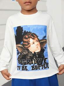 Young Boy Slogan and Angel Print Tee & Sweatpants & Tie Front Shawl - Blue - View 6