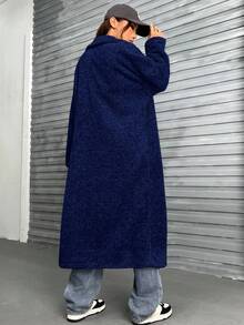 SHEIN Coolane Fluffy Long Coat With Oversized Collar - Navy Blue - View 2
