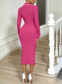 SHEIN SXY Vestido De Tejido De Punto Acanalado Con Ribete De Contraste Para Mujer - Rosa Fucsia - Ver 2